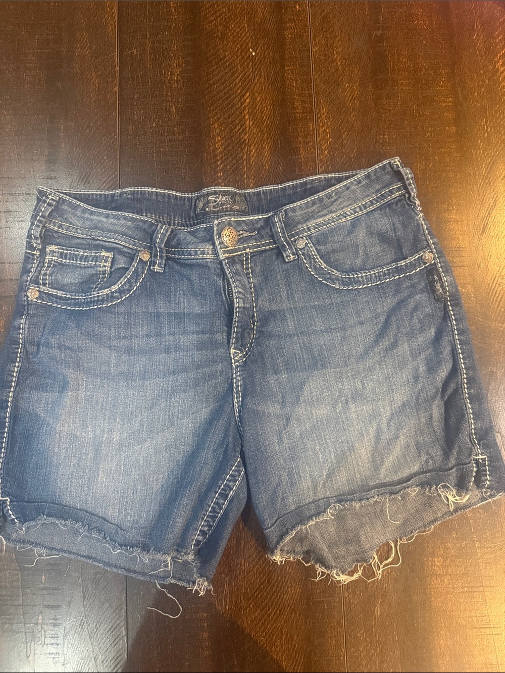 Silver Jeans Raw Hem Medium Blue Denim Shorts